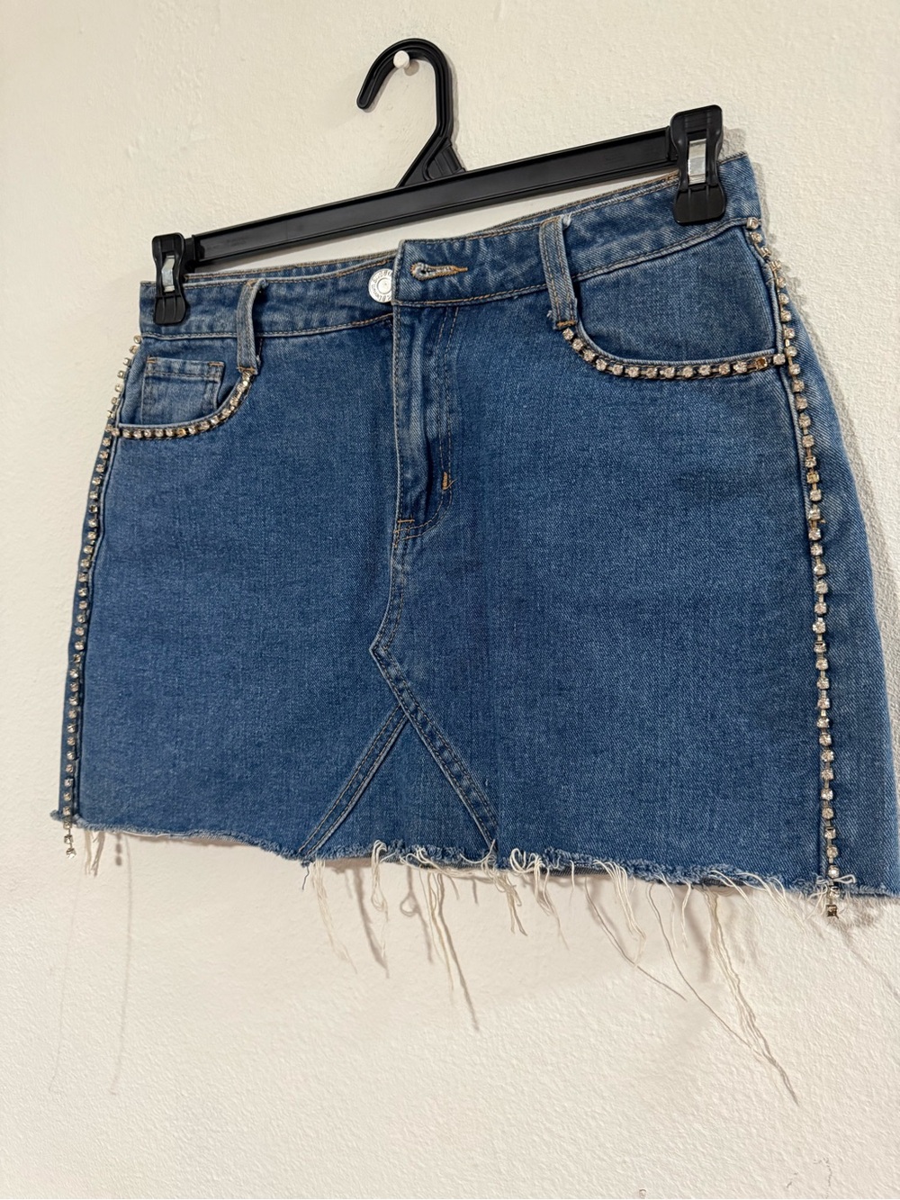 Crystal-Trim Blue Denim Mini Skirt